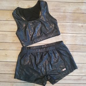 CrazyPants Shiny Black Sports Bra & Shorts Set YL